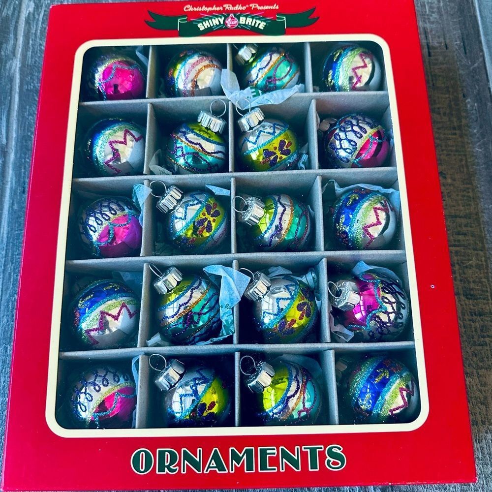 Christopher Radko Shiny Brite Vintage Multicolor Christmas Glitter Ornaments Set